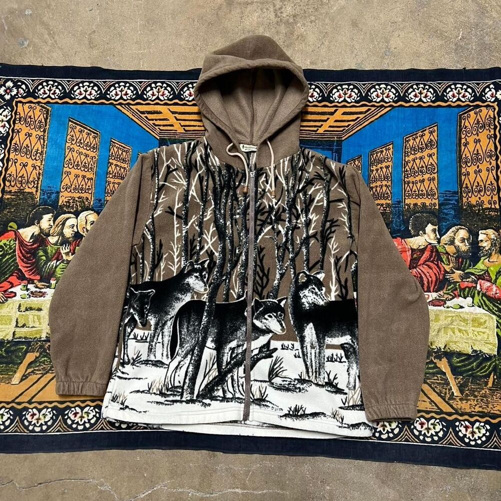 Wolf nature Sherpa zip up size medium fleece cozy AOP Hoodie VTG y2k Habitat